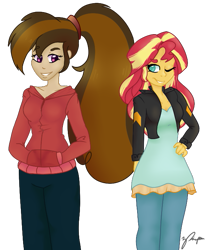 Size: 577x703 | Tagged: safe, artist:altimos0023, sunset shimmer, oc, oc:cupcake slash, equestria girls, clothes, commission, equestria girls-ified, hands in pockets, leather jacket, pants, signature, sweater, wink