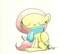 Size: 720x504 | Tagged: safe, artist:getchanoodlewet, fluttershy, pegasus, pony, clothes, eyes closed, scarf, simple background, sitting, solo, traditional art