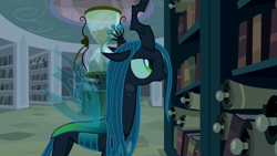 Size: 1920x1080 | Tagged: safe, screencap, queen chrysalis, changeling, changeling queen, the summer sun setback, book, bookshelf, canterlot, canterlot library, crown, evil planning in progress, female, former queen chrysalis, frown, hourglass, insect wings, intruder, jewelry, library, regalia, scroll, searching, side view, sin of greed, solo, spread wings, wings