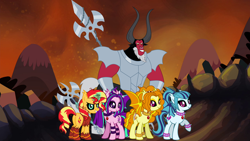 Size: 1280x720 | Tagged: safe, artist:ggalleonalliance, artist:osipush, adagio dazzle, aria blaze, lord tirek, sonata dusk, sunset shimmer, bat pony, pony, alternate hairstyle, armor, bat wings, bracelet, choker, glowing horn, heroes of might and magic, jewelry, lance, messy mane, necklace, ponies of flight and magic, ponified, slit eyes, spear, spiked choker, spiked wristband, the dazzlings, tribes from tatarus, weapon