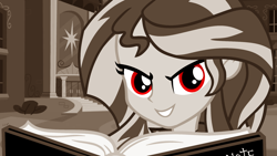 Size: 2000x1130 | Tagged: safe, artist:blondenobody, sunset shimmer, equestria girls, death note, fanfic art, fanfic cover, grin, red eyes, sepia, smiling, solo