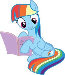 Size: 3000x3484 | Tagged: safe, artist:sollace, derpibooru import, rainbow dash, pegasus, pony, the lost treasure of griffonstone, .svg available, alternate hairstyle, book, cute, egghead dash, impersonating, mane swap, manebow sparkle, rainbow dash is best facemaker, reading, simple background, sitting, smiling, solo, transparent background, vector