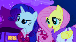 Size: 500x279 | Tagged: safe, screencap, fluttershy, rarity, pegasus, pony, unicorn, read it and weep, bathrobe, clothes, robe