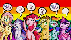 Size: 1280x721 | Tagged: safe, artist:rastaquouere69, derpibooru import, edit, applejack, fluttershy, pinkie pie, rainbow dash, rarity, twilight sparkle, twilight sparkle (alicorn), alicorn, earth pony, pegasus, pony, unicorn, female, mane six, mare, mouthpiece, murica, op is a cuck, pride, social justice