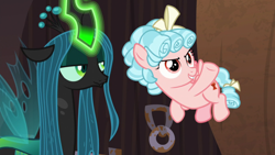 Size: 1920x1080 | Tagged: safe, screencap, cozy glow, queen chrysalis, changeling, changeling queen, pegasus, pony, the summer sun setback, duo, female, filly, flying, foal, glowing horn, horn, lidded eyes