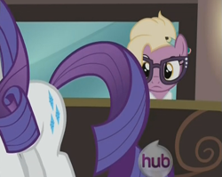 Size: 715x568 | Tagged: safe, screencap, grace manewitz, rarity, pony, unicorn, rarity takes manehattan, female, hub logo, mare, out of context, plot