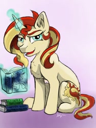 Size: 600x800 | Tagged: safe, artist:firimil, sunset shimmer, pony, book, chest fluff, looking at you, sitting, solo