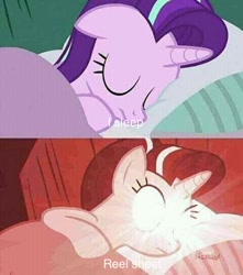 Size: 480x542 | Tagged: safe, edit, starlight glimmer, pony, unicorn, rock solid friendship, deep fried meme, discovery family logo, eyes closed, glowing eyes, glowing eyes meme, image macro, meme, sleeping, text