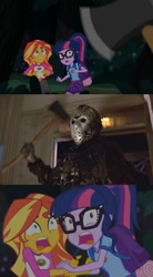 Size: 577x1048 | Tagged: safe, screencap, sci-twi, sunset shimmer, twilight sparkle, equestria girls, legend of everfree, axe, exploitable meme, friday the 13th, horror, jason voorhees, meme, screencap comic, sunset screamer, weapon