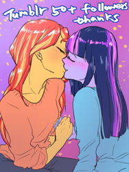 Size: 768x1024 | Tagged: safe, artist:extraluna, sunset shimmer, twilight sparkle, twilight sparkle (alicorn), alicorn, equestria girls, alternate costumes, blushing, female, holding hands, kissing, lesbian, shipping, sunsetsparkle