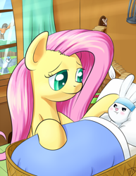 Size: 850x1100 | Tagged: safe, artist:paradigmpizza, angel bunny, fluttershy, pegasus, pony, bed, blushing