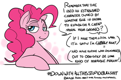 Size: 1000x660 | Tagged: safe, artist:reiduran, pinkie pie, earth pony, pony, /mlp/, 4chan, dmca face, down with molestia, down with molestia drama, drama, irony, mouthpiece, parody, smug, social justice, solo, vulgar