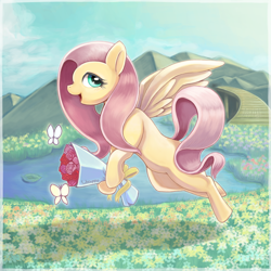 Size: 768x768 | Tagged: safe, artist:usappy-barkhaward, fluttershy, butterfly, pegasus, pony, female, flower, solo