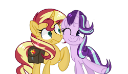 Size: 1014x590 | Tagged: safe, artist:yourrdazzle, starlight glimmer, sunset shimmer, pony, unicorn, one eye closed, saddle bag, simple background, transparent background, wink