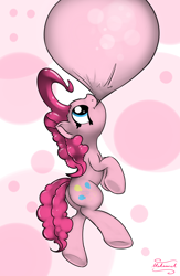 Size: 1300x2000 | Tagged: safe, artist:malamol, pinkie pie, earth pony, pony, blowing, bubblegum, female, floating, mare, smiling, solo