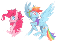 Size: 2132x1524 | Tagged: safe, artist:xenon, derpibooru import, pinkie pie, rainbow dash, earth pony, pegasus, pony, chest fluff, duo, female, mare, profile, simple background, sketch, smiling, spread wings, unshorn fetlocks, white background, wings
