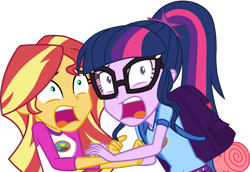 Size: 4363x3000 | Tagged: safe, artist:uponia, sci-twi, sunset shimmer, twilight sparkle, equestria girls, legend of everfree, absurd resolution, backpack, clothes, open mouth, scared, screaming, shorts, simple background, transparent background, vector