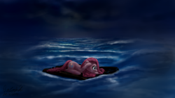 Size: 1920x1080 | Tagged: safe, artist:anttosik, pinkie pie, earth pony, pony, helpless, lost, night, ocean, pinkamena diane pie, raft, sad, solo, water