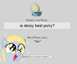 Size: 635x528 | Tagged: safe, derpy hooves, pegasus, pony, best pony, consult the fossil, female, happy, helix fossil, lord helix, mare, omanyte, pokémon, smiling, twitch plays pokémon