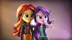 Size: 9600x5400 | Tagged: safe, artist:imafutureguitarhero, starlight glimmer, sunset shimmer, equestria girls, 3d, absurd file size, absurd resolution, beanie, clothes, duo, hand on shoulder, hat, jacket, leather jacket, lip bite, meme, open mouth, pointing, raised eyebrow, skirt, smiling, source filmmaker, toy story, wallpaper, windswept mane, x x everywhere