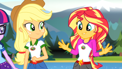 Size: 1920x1080 | Tagged: safe, screencap, applejack, sci-twi, sunset shimmer, twilight sparkle, equestria girls, legend of everfree, jazz hands, lip bite