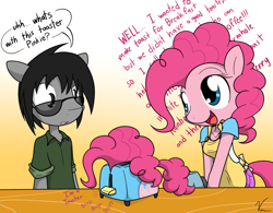 Size: 1375x1072 | Tagged: safe, artist:sandwich-anomaly, pinkie pie, oc, oc:crossfire, anthro, glasses, hair, toaster