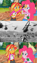 Size: 1368x2304 | Tagged: safe, edit, edited screencap, screencap, pinkie pie, sunset shimmer, equestria girls, legend of everfree, discovery kids, obligatory pony, screencap comic, sunset sees things, vietnam war