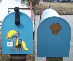 Size: 1280x1072 | Tagged: safe, artist:pezgirllovesrog, derpy hooves, pegasus, pony, bag, custom, cute, female, irl, mail, mailbag, mailbox, mare, mouth hold, muffin, photo, smiling, wink