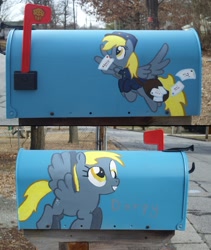 Size: 1280x1517 | Tagged: safe, artist:pezgirllovesrog, derpy hooves, pegasus, pony, custom, cute, female, flying, grin, mailbag, mailbox, mare, mouth hold, smiling, spread wings