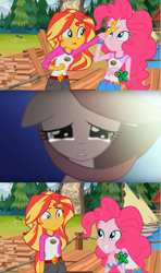 Size: 1368x2304 | Tagged: safe, screencap, pinkie pie, sunset shimmer, equestria girls, legend of everfree, discovery kids, exploitable meme, higurashi no naku koro ni, meme, pinkamena diane pie, sad, screencap comic, sunset sees things