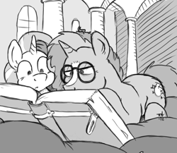 Size: 1280x1109 | Tagged: safe, artist:plifos, starlight glimmer, sunburst, pony, unicorn, book, female, glasses, male, mare, monochrome, prone, reading, stallion