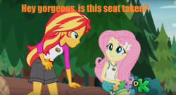 Size: 1187x643 | Tagged: safe, edit, edited screencap, screencap, fluttershy, sunset shimmer, equestria girls, legend of everfree, caption, discovery kids, female, forced meme, image macro, lesbian, lidded eyes, meme, shipping, sunshyne, text