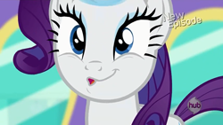 Size: 1366x768 | Tagged: safe, screencap, rarity, pony, unicorn, rarity takes manehattan, 8^y, cute, faic, female, hub logo, mare, open mouth, raribetes, smiling, solo