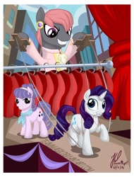 Size: 1024x1344 | Tagged: dead source, safe, artist:teammagix, prim hemline, rarity, suri polomare, pony, unicorn, rarity takes manehattan, conspiracy, female, hilarious in hindsight, marionette, puppet, rarionette, stage, style emulation, surreal, trio, trio female