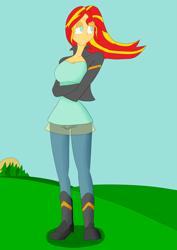 Size: 2893x4092 | Tagged: safe, artist:maksimumindustries, sunset shimmer, equestria girls, absurd resolution, boots, breasts, clothes, crossed arms, female, grass field, leather jacket, lidded eyes, pants, sad, scenery, solo, tree