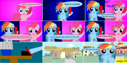 Size: 5581x2776 | Tagged: safe, artist:closingrain, artist:mellowbomb, derpibooru import, pinkie pie, rainbow dash, oc, oc:closingrain, earth pony, pegasus, pony, comic:calamity fateful, 1000 hours in ms paint, dialogue