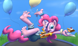 Size: 1280x759 | Tagged: safe, artist:draneas, artist:kuroi-wolf, pinkie pie, anthro, plantigrade anthro, balloon, barefoot, bouncing, cake, colored, feet, fork, jumping, open mouth, plate, smiling, solo, trampoline