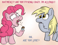 Size: 1377x1066 | Tagged: safe, artist:assuming-control, derpy hooves, pinkie pie, earth pony, pegasus, pony, allergic, allergies, female, mare, muffin, oatmeal, vulgar