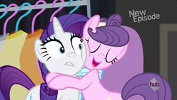 Size: 1366x768 | Tagged: safe, rarity, suri polomare, pony, unicorn, rarity takes manehattan, expression, hape, hug, squishy, squishy cheeks