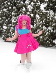 Size: 1000x1333 | Tagged: safe, artist:eli-cosplay, pinkie pie, human, cosplay, irl, irl human, photo, snow, snowfall, solo, suspenders