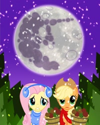 Size: 1440x1800 | Tagged: safe, artist:pixelkitties, applejack, fluttershy, earth pony, pegasus, pony, apple, clothes, earmuffs, mare in the moon, moon, scarf