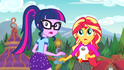 Size: 1920x1090 | Tagged: safe, screencap, sci-twi, sunset shimmer, twilight sparkle, equestria girls, legend of everfree, ass, scared, surprised