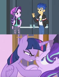 Size: 746x963 | Tagged: safe, artist:themexicanpunisher, edit, edited screencap, screencap, flash sentry, starlight glimmer, twilight sparkle, twilight sparkle (alicorn), alicorn, a royal problem, equestria girls, angry, female, flashlight, jealous, male, meme, shipping, shipping denied, straight