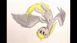 Size: 1191x670 | Tagged: safe, artist:thefriendlyelephant, derpy hooves, pegasus, pony, female, flying, happy, mare, smiling, solo, traditional art, upside down