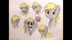 Size: 1024x576 | Tagged: safe, artist:thefriendlyelephant, derpy hooves, pegasus, pony, angry, bedroom eyes, confused, derp, dreamy, excited, expressions, female, floppy ears, frown, funny face, glare, gritted teeth, happy, hooves, mare, muffin, open mouth, raised eyebrow, smiling, solo, traditional art, wink