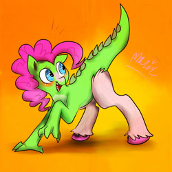 Size: 1024x1024 | Tagged: safe, artist:purplepassion3, pinkie pie, alligator, hybrid, solo, species swap, unshorn fetlocks