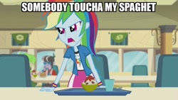 Size: 1280x720 | Tagged: safe, derpibooru import, edit, edited screencap, screencap, rainbow dash, equestria girls, pinkie on the one, rainbow rocks, angry, cafeteria, canteen, food, glass, image macro, meme, pasta, somebody toucha my spaghet, spaghetti