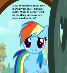 Size: 512x560 | Tagged: safe, derpibooru import, edit, edited screencap, screencap, rainbow dash, pegasus, pony, party of one, bronybait, cropped, door, female, implied wonderbolts, invitation, looking at you, mare, solo