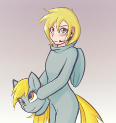 Size: 822x876 | Tagged: safe, artist:scorpdk, derpy hooves, human, blushing, clothes, costume, female, humanized, kigurumi, looking at you, smiling, solo, underp