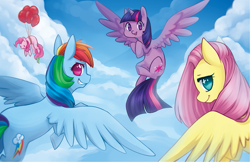 Size: 765x495 | Tagged: safe, artist:mousu, derpibooru import, fluttershy, gummy, pinkie pie, rainbow dash, twilight sparkle, twilight sparkle (alicorn), alicorn, earth pony, pegasus, pony, balloon, cloud, cloudy, female, floating, flying, looking at you, looking back, mare, plot, sky, then watch her balloons lift her up to the sky